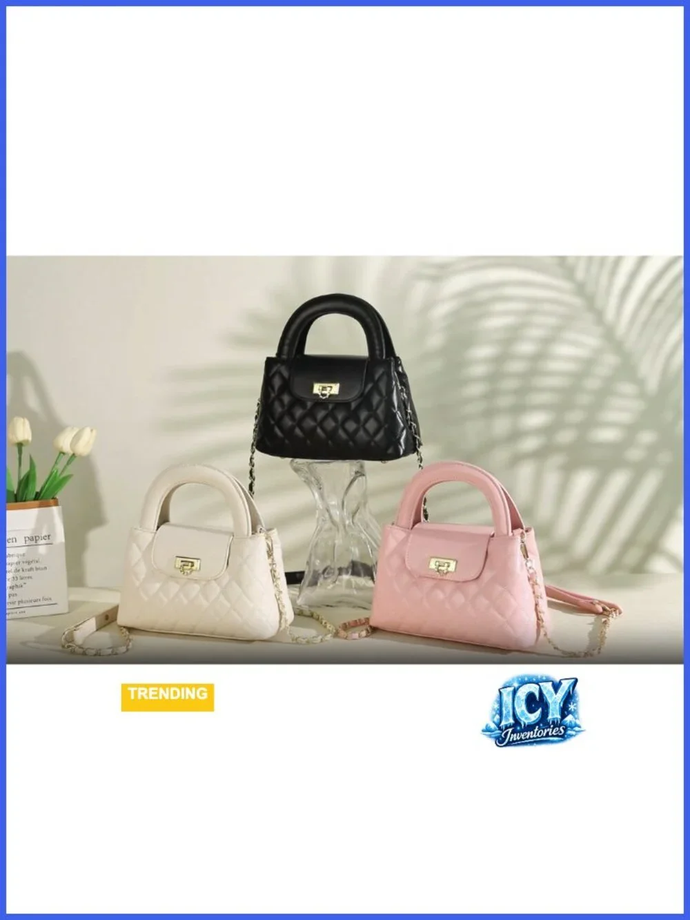 Small Quilted Crossbody Purse for Women Faux Leather Top Handle Bag with Chain